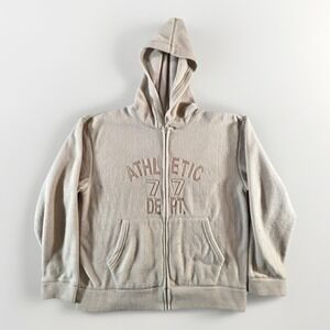 Vintage Bugle Boy Mens Size M Beige Fleece Zip Hoodie Jacket "Athletic 77" Y2K‎